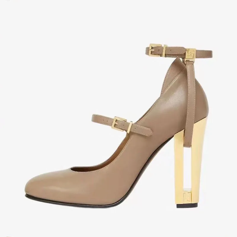 

Arden Furtado 2023 Spring Mary Jane high heels Cowhide Round toe Metal hollow heel Belt buckle Super high heel Single shoe