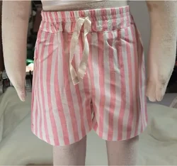 Vintage Linen Cotton Striped Baby Shorts with Button Pocket Design - 2 - 3T (Pink)