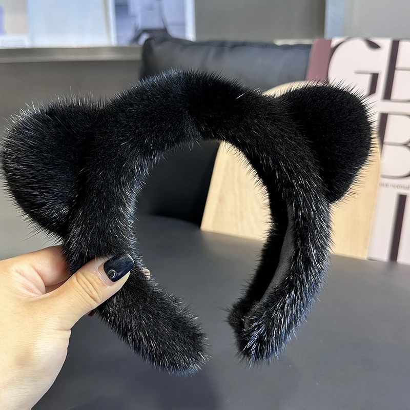 Cute Real Mink Fur Cat Ears Headband For Women 100%Fur Plush Hair