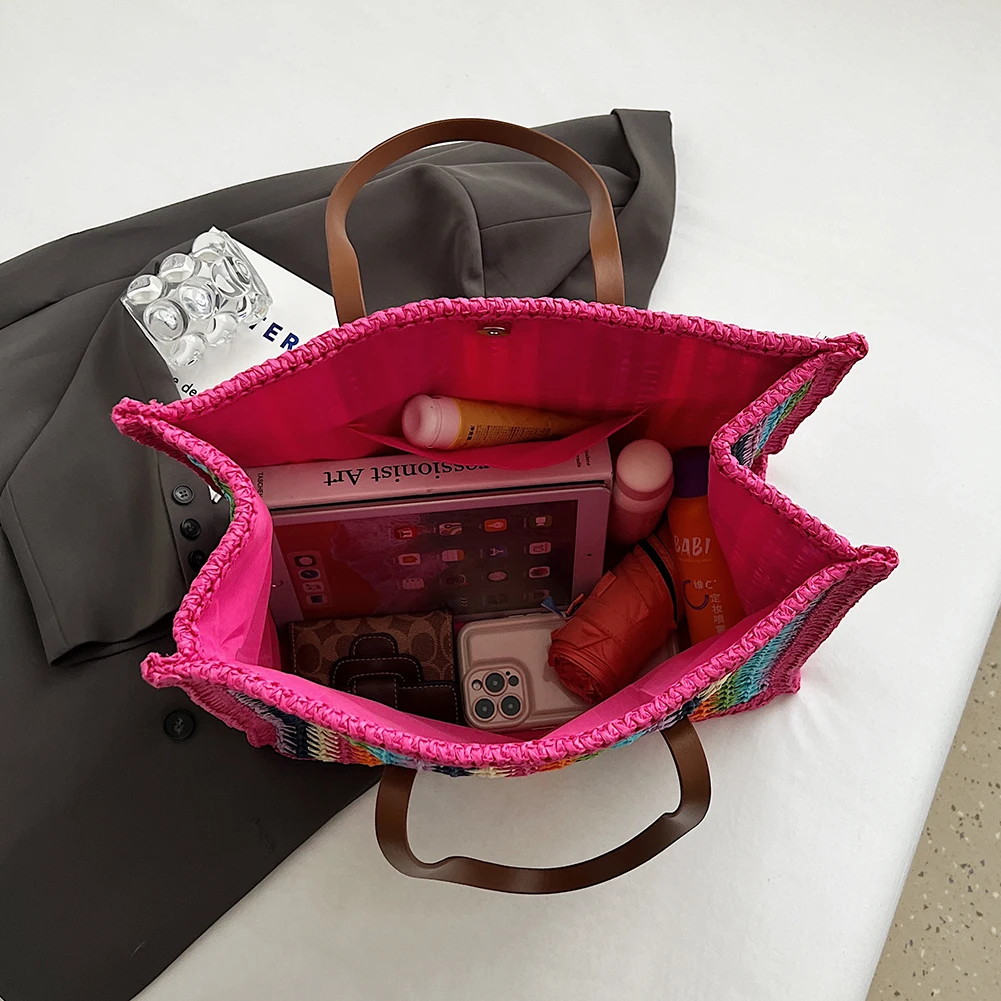 Straw Rainbow Handbags Women’s Straw Raffia Crochet Woven Tote Bag Rattan Top Handle Casual Shoulder Messenger Summer Beach Bag