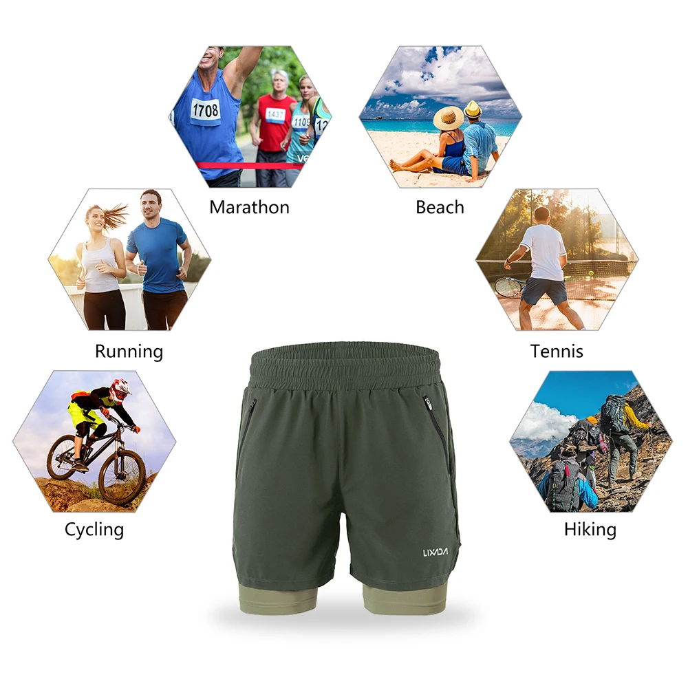 Lixada Men 2 in 1 Running Shorts Quick Drying Breathable Active Training Exercise Jogging Cycling Shorts 5