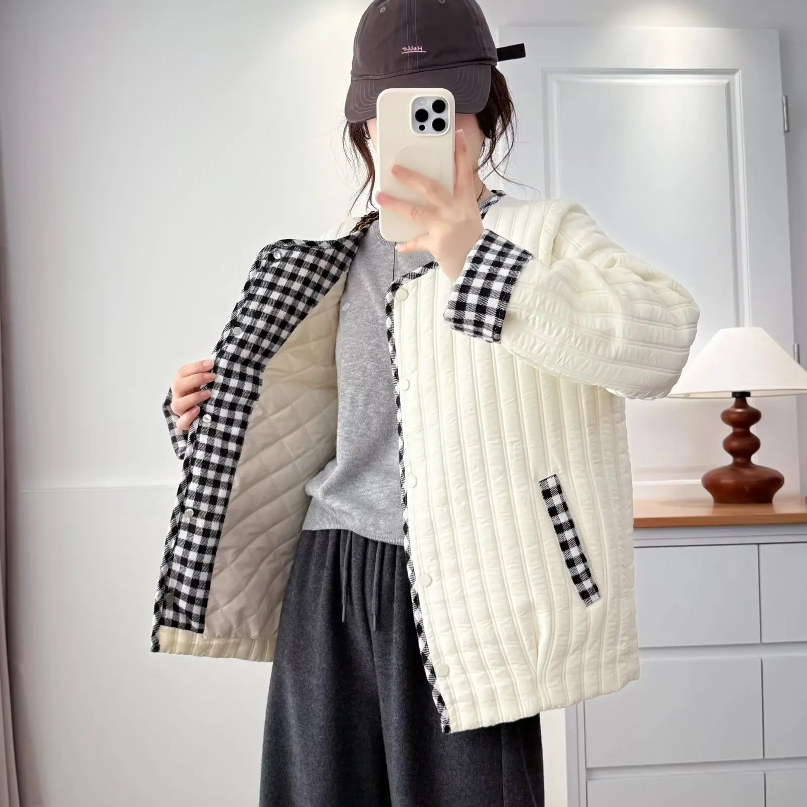 XXXXL Fashion Plus Size Women's Parkas 2025 Autumn Winter New Style Patchwork Plaid Elegant Vertical Stripes Padded Jacket 2528