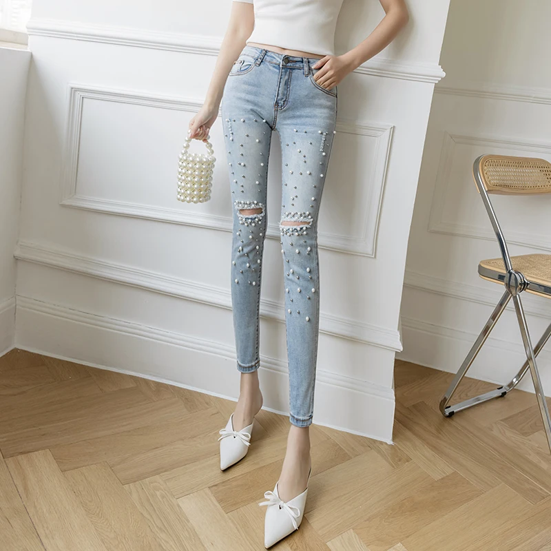 

Women's Jeans Summer Wear Fashion Bead Ripped Tight Ankle-Length Slim-Fit Pants