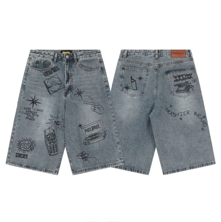 American retro cropped men jeans Shorts Y2k Gothic washed loose straight casual couple Denim shorts sweatpants w864