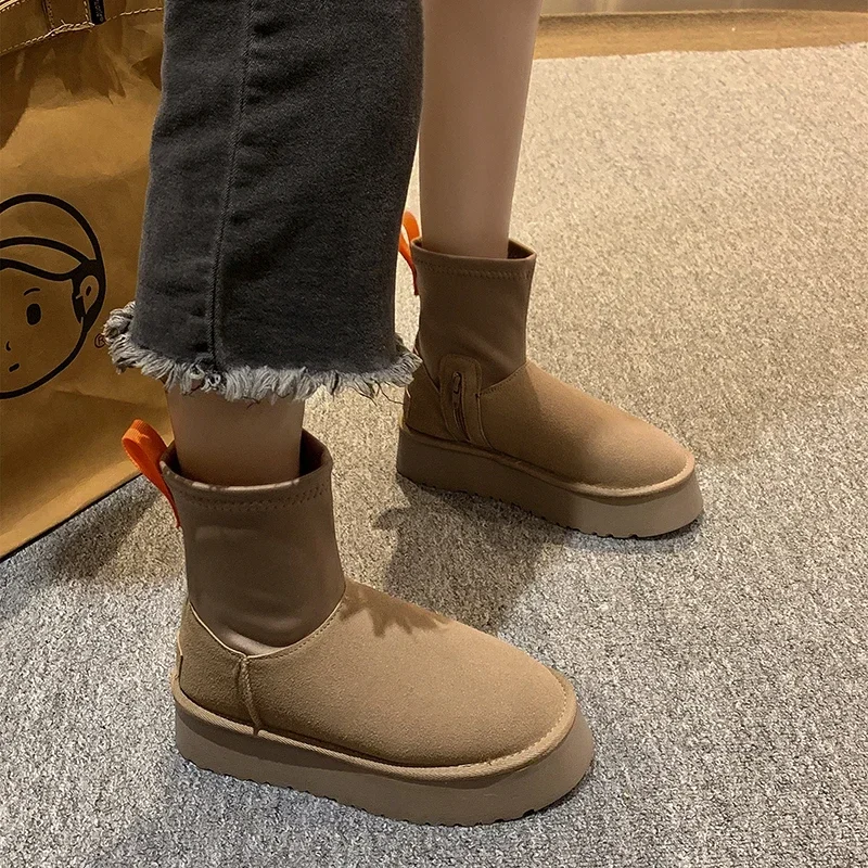 

Женские ботинки без шнуровки, зимние однотонные теплые ботинки из флока на платформе с круглым носком и плюшевой подкладкой, повседневные водонепроницаемые ботинки для снега, новинка 2023