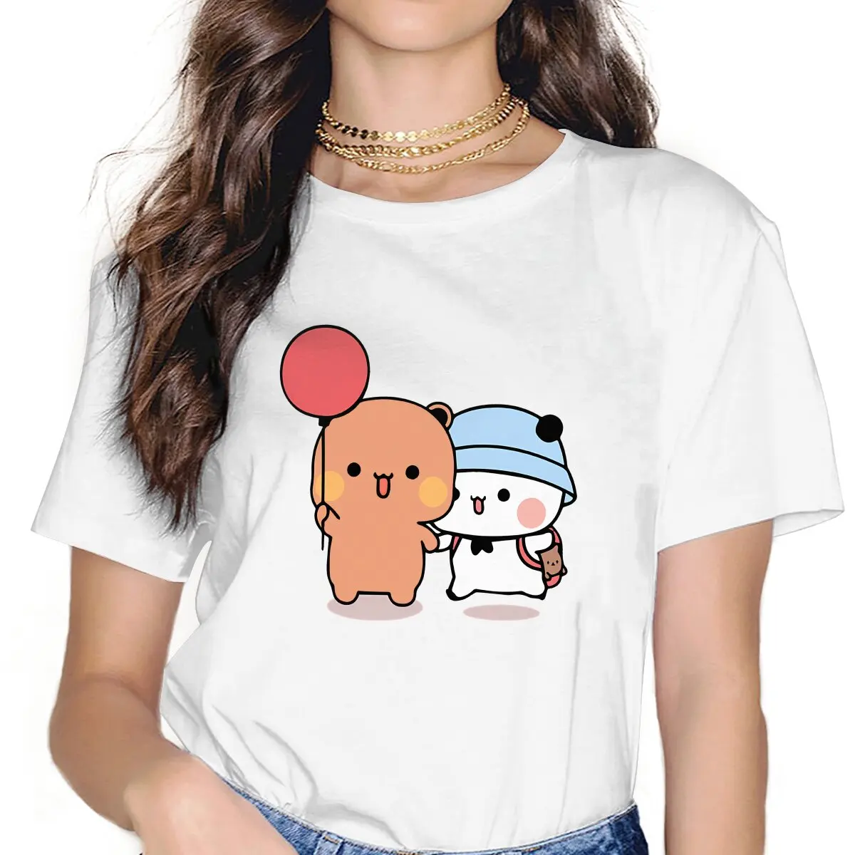 Orso E Panda Palloncino T-Shirt Da Donna Latte E Moka Bubu Dudu Ladies Tees Kawaii Poliestere Top Graphic Tshirt Y2K Hipster