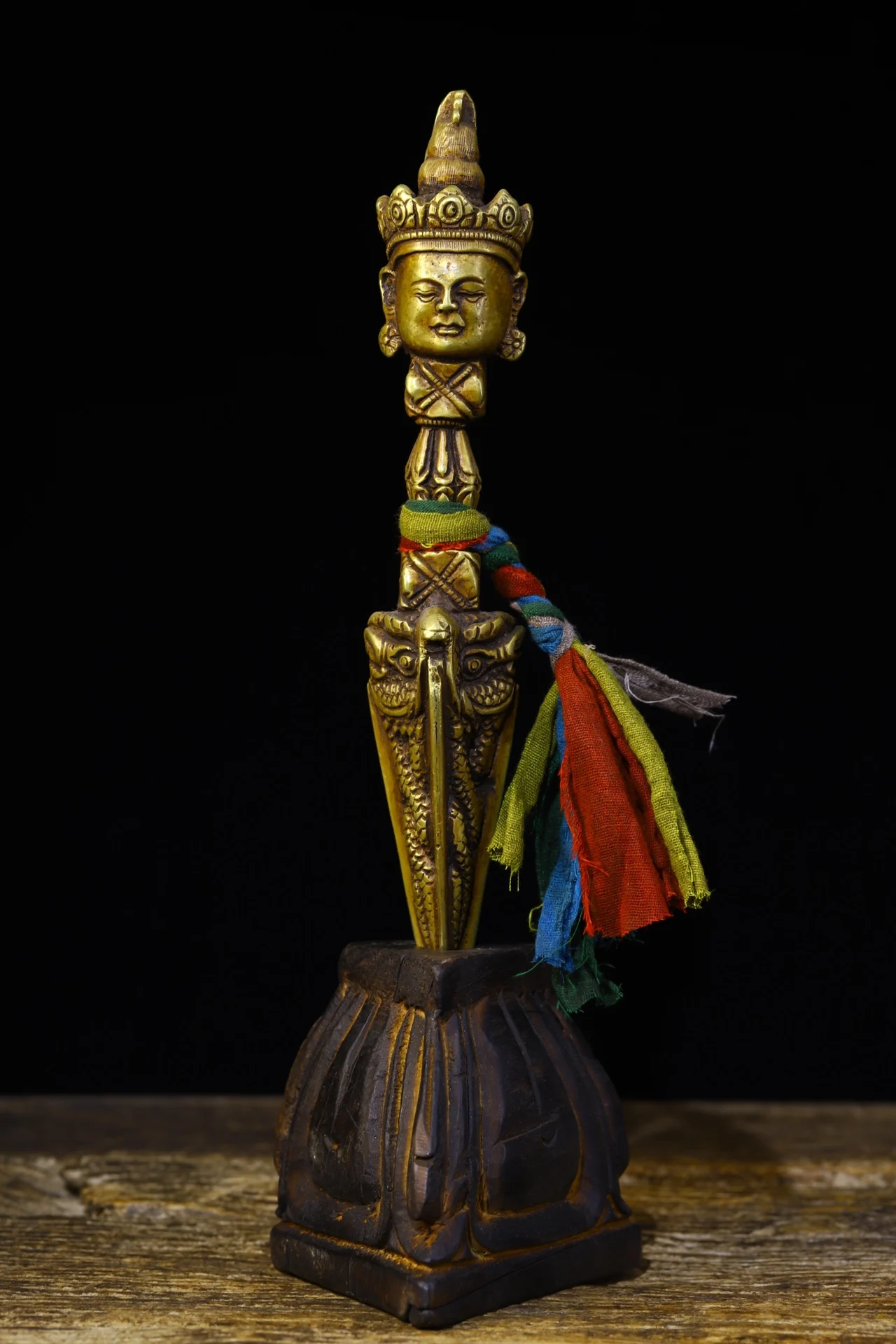 

10"Tibet Temple Collection Old Bronze Cinnabar Manjushri Buddha Head Statue Vajra Phurba Dagger Holder Bodhi root Tracing Base