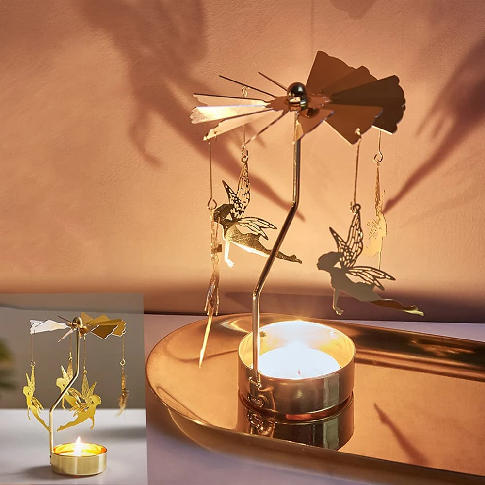 Golden Rotating Candle Holder Romantic Metal Tealight Candle Holder For Christmas Home Decoration Dinner Wedding Bar Party