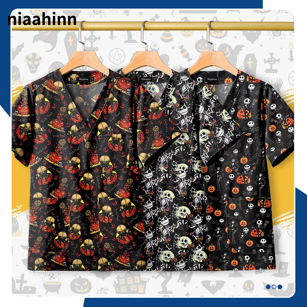 

Cartoon Printed Dental Scrub Uniform Men Fashion V-neck Short Sleeved Clinic Top Wholesale Nurse Accessories Pharmacist WorkWear