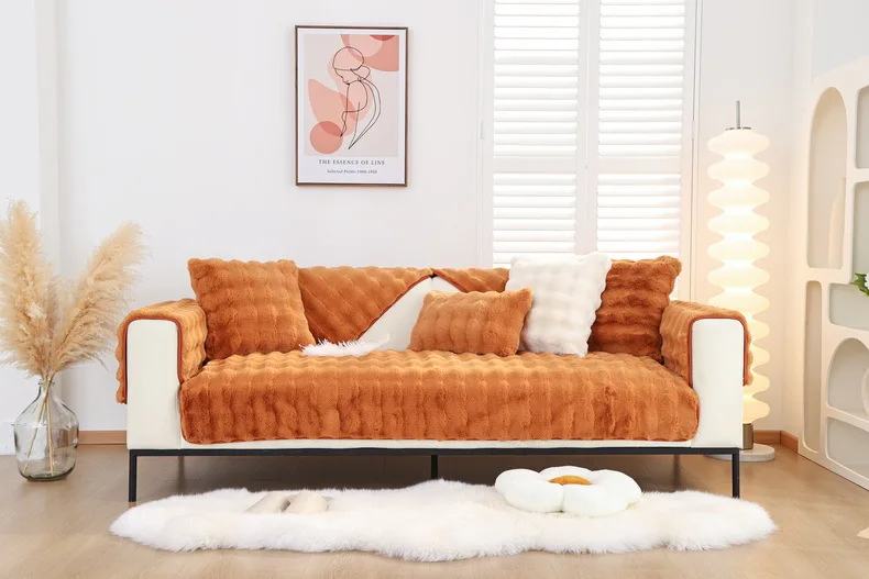 Description Picture 3 of itemWinter Warm Super Soft Rabbit Plush Sofa Towel Thicken Bubble Velvet Non-slip Sectional Sofa Cover Non-slip L-shaped Couch Cover