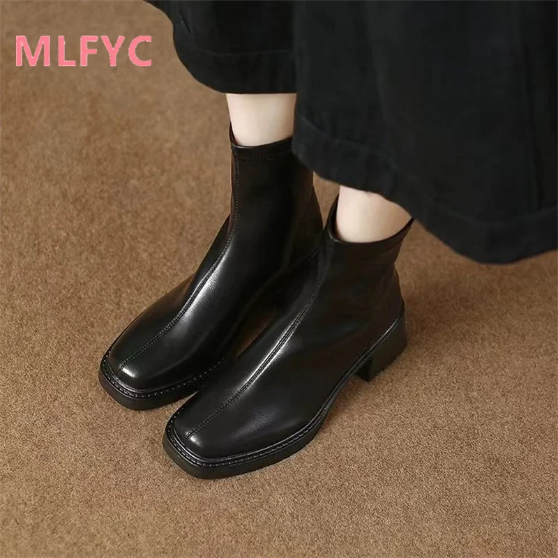 Retro Back Zipper Brown Thick Heel Short Boots Women's Spring and Autumn Single Boots Winter New Elastic Boots