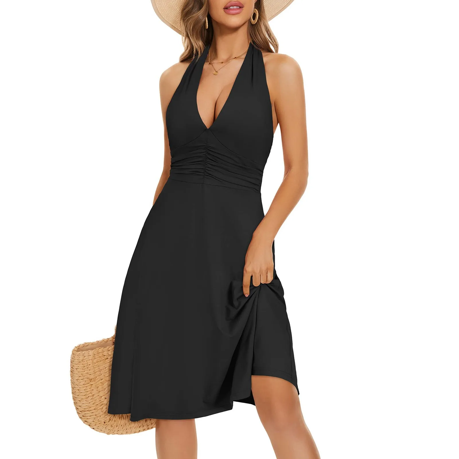 

2024 Boho Floral Print Halter Elegant Dress Women Elastic Waist Ruffle Midi Dress High Waist Pleated Holiday Beach Dress Pocket