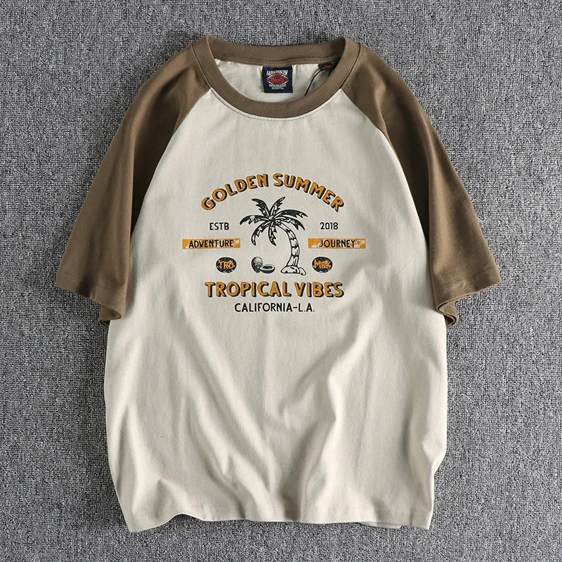 

Summer Men'S Short Sleeved Casual Beach Wind Coconut Tree Print Short Sleeved Cotton Washed Raglan Sleeve Loose T-Shirt