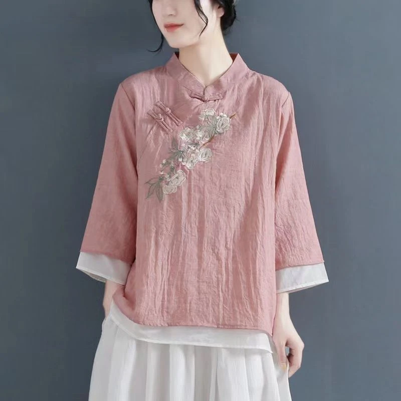 

2024 Spring Summer New Chinese Style Cotton Hemp Round Neck Three Quarter Shirt Women Vintage Elegant Embroidered Pullovers