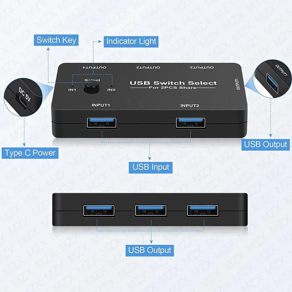 MZX KVM USB Switch - 2-Host Selector for Computers Laptops Printers Keyboards and Mice