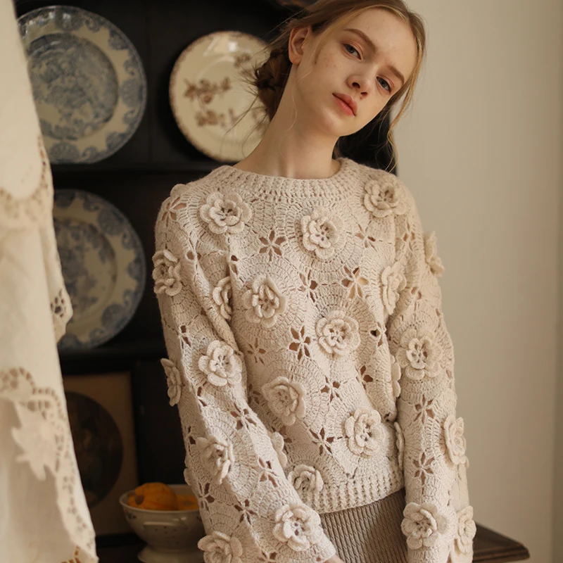 

86cm Bust Autumn Spring Women Mori Kei Girl Fashion Handmade Crochet Dimensitonal Flowers Woolen Pullover Sweaters