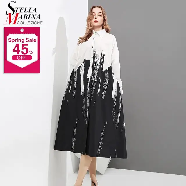 Painting Style Woman Summer Long Sleeve Black And White Printed Shirt Dress Tie Dye Plus Size Midi Casual Dress Robe Femme 3400 1