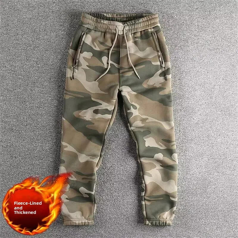 Men's Casual Camouflage Work Pants Fleece Lined Loose Fit Trousers for Spring Autumn Outdoor Workwear with Pockets Zipper - 3