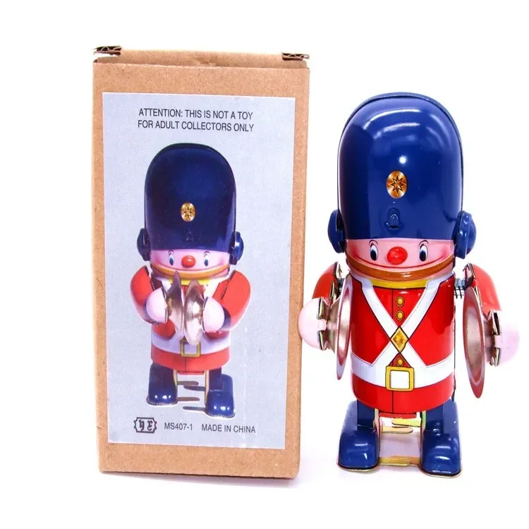 

[Funny] Classic collection Retro Clockwork Wind up Metal Walking Tin brass military band robot toy Mechanical toys kids gift