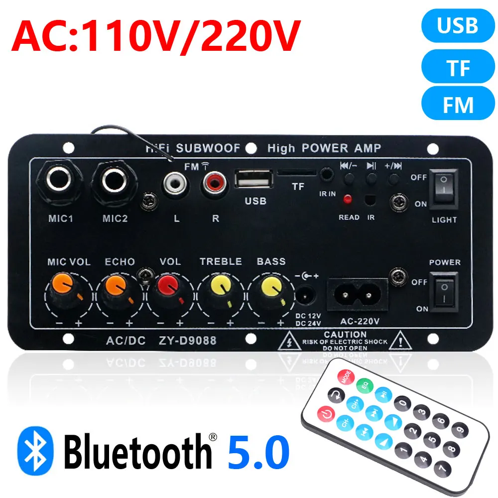 Audio Amplifier Board Bass Bluetooth Amp with Dual Microphone for 4 Ohm Speakers USB TF FM Support Input 12V, 24V, 110V, 220V speaker amplifier board support dual microphone amplificatore 220v 50w car accessory bt hifi bass audio usb tf mp3 fm