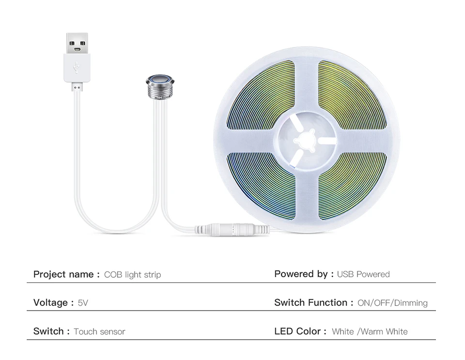 Description Picture 3 of itemCOB LED Strip DC5V USB Cable Power Led lights strip Under Cabinet Lighting Home Wood Table Punch Touch Switch Dimmable Lamp