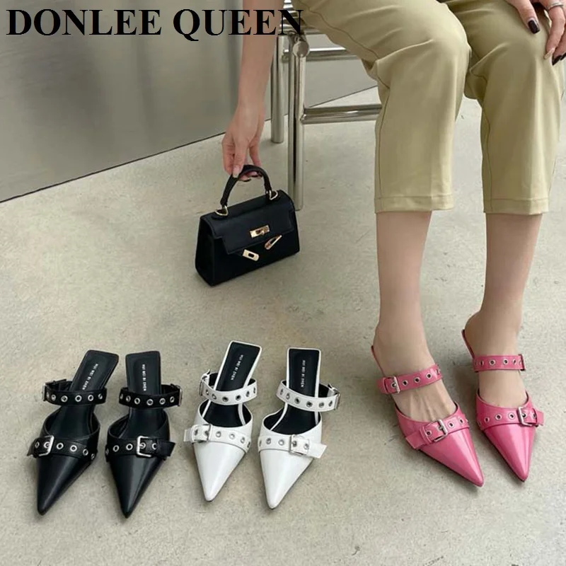 

Close Toe Mule Slippers Fashion Brand Rivet Ladies Sandal Slip On Pointed Toe Shoes Thin Low Heels Casual Slide Zapatillas Mujer