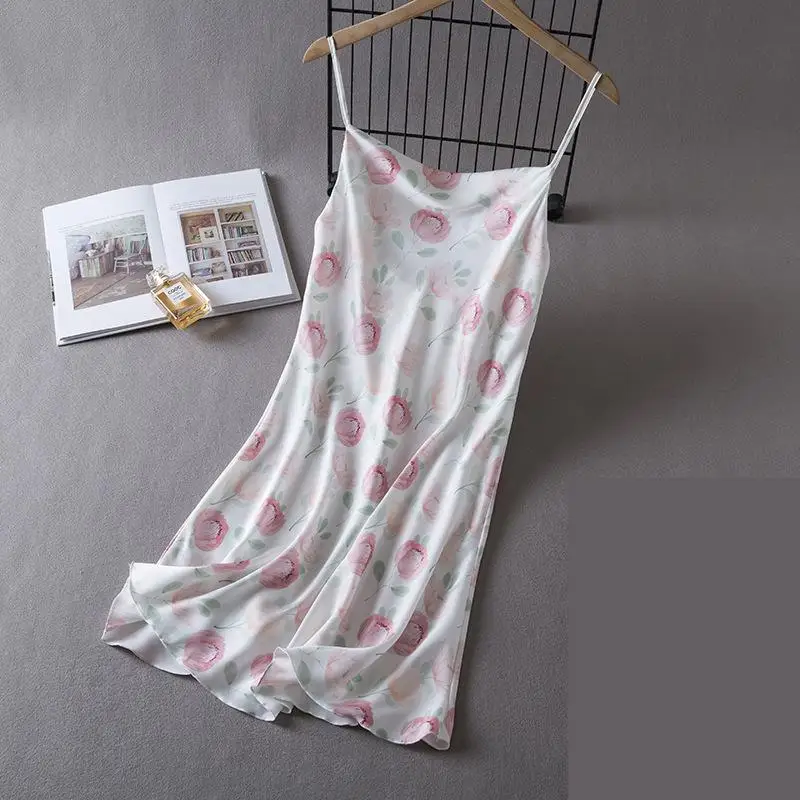 LOVE Print Chemise Nightgown Sexy Female Strap Nightdress Summer Lady Silky Satin Sleepwear Gown Lingerie Backless Home Dress