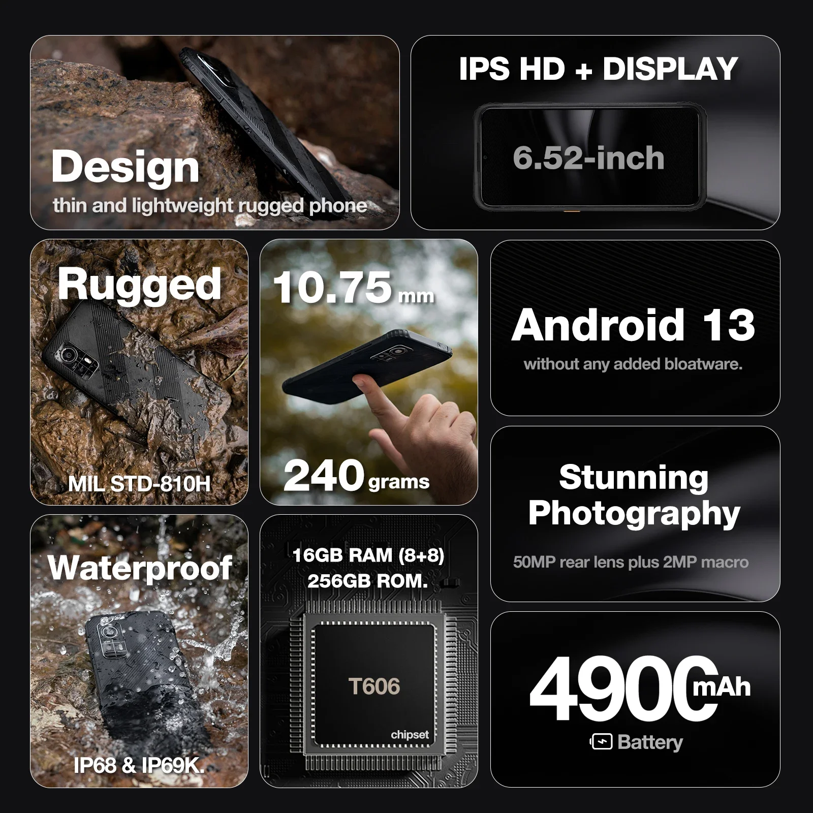 American Version AGM H6 Rugged Smartphone 8GB+256GB,50MP Camera, 90Hz FHD+, Waterproof/Shockproof - Endurance Battery 2