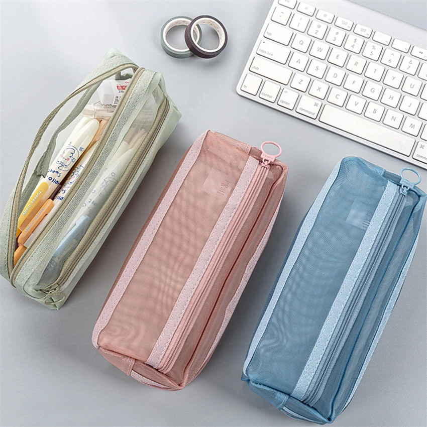 Estuche para lápices, bolsa grande de malla doble capa, Material Escolar para pantalones, papelería coreana| | -