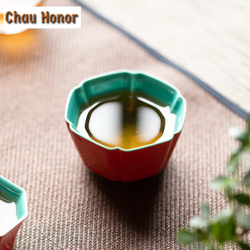 2pc/set Boutique Palace Red Glaze Art Ceramic Tea Cups Hot Stamping Hydrangea Master Cups Lager Chrysanthemum Petals Cups 75ml