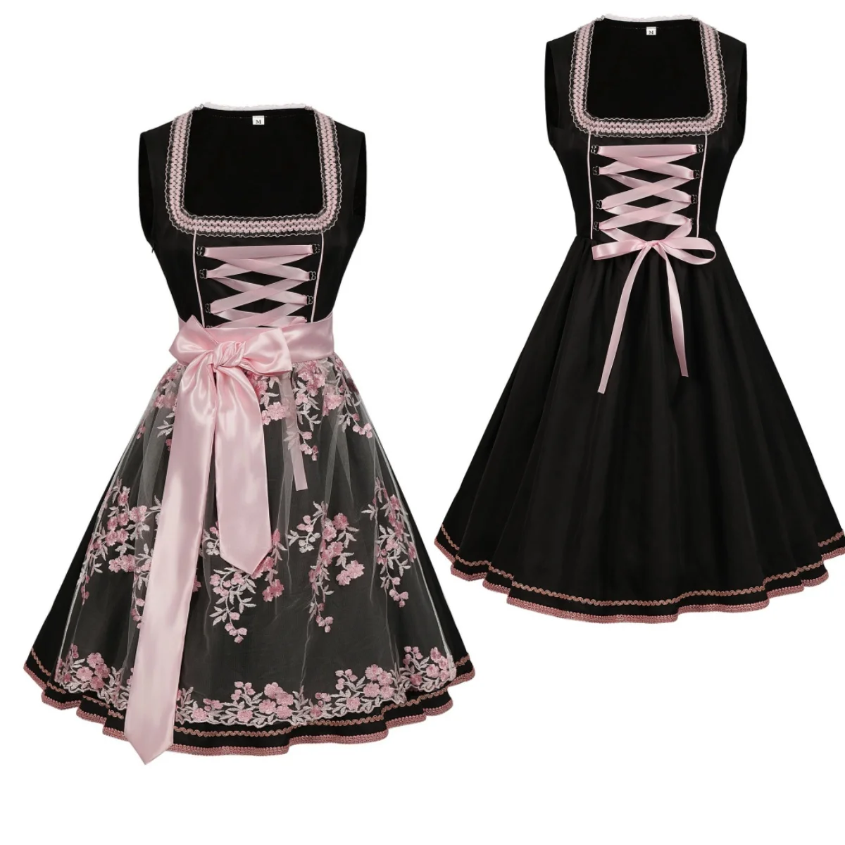 

Summer The New Lady Bavarian Women's Square Neck Waist Strap Lace Midi Dress 2-Pieces + Apron Oktoberfest Woman Girl Dress Skirt