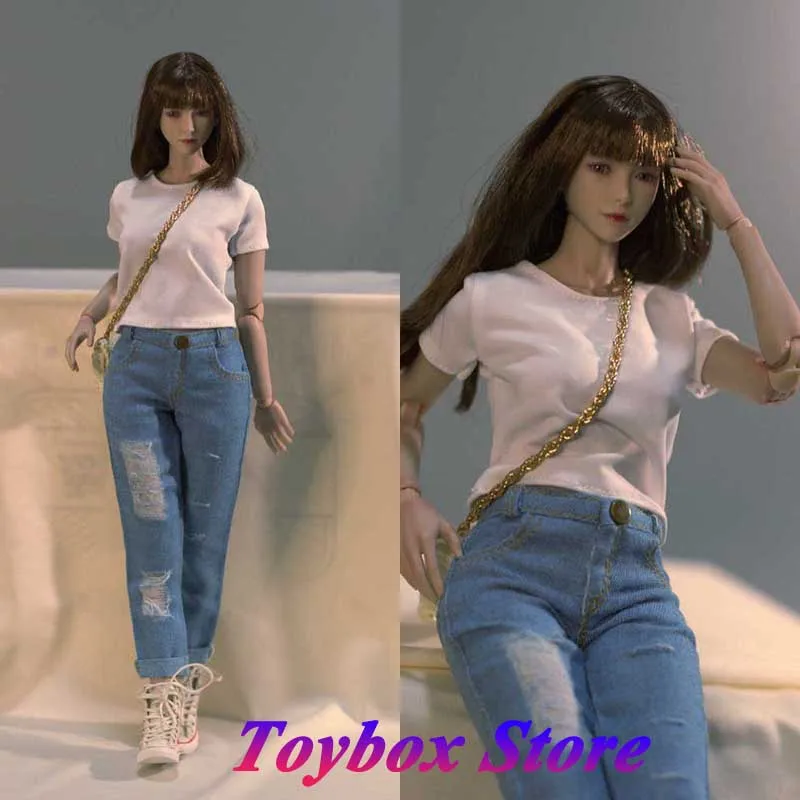 

DMTOYS масштаб 1/6, молодежная белая футболка для девочек-солдат, свободные рваные джинсовые брюки, одежда, аксессуары для 12 "женских экшн-фигурок