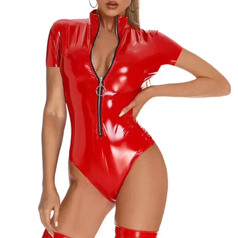 

Zipper Sexy Shiny Leather Bodysuit For Women Erotic Below Crotchless Catsuit Ladies Shiny Sheath Latex Leotard Sexi