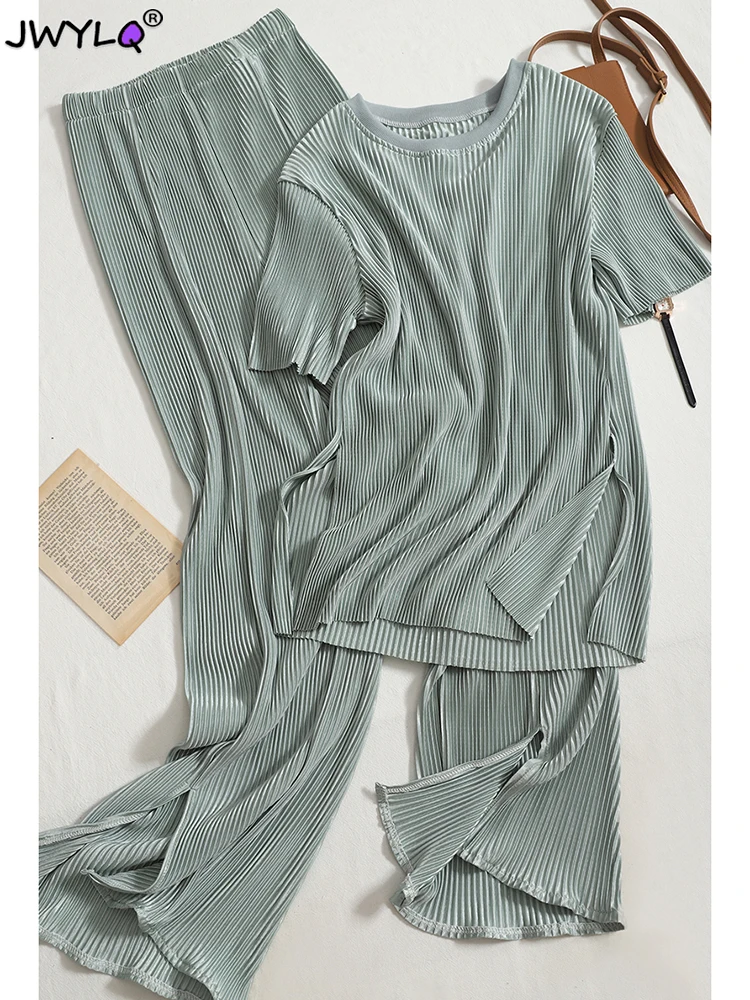 

Two-piece Set Casual Pants Suit Female 2023 Summer New Temperament O Neck T-shirt + High Waist Slit Wide Leg Home Clothes Women