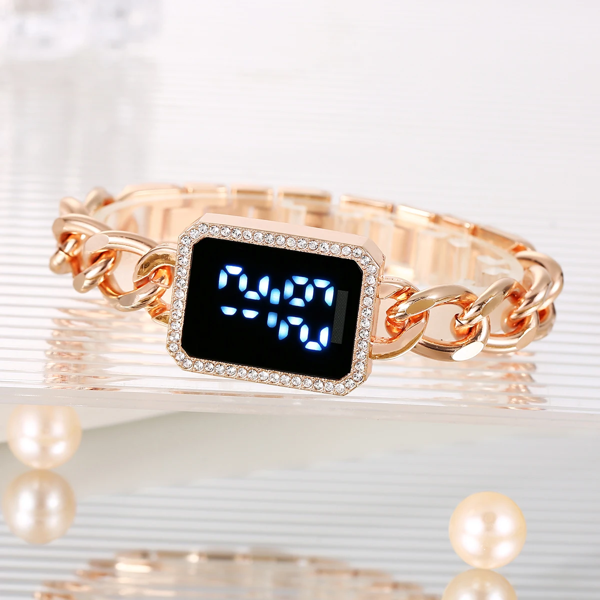 Influencer-Style Diamond-Embedded Ladies' Watch Bracelet Square Touchscreen Simple LED Electronic Watch Trendy Korean Design