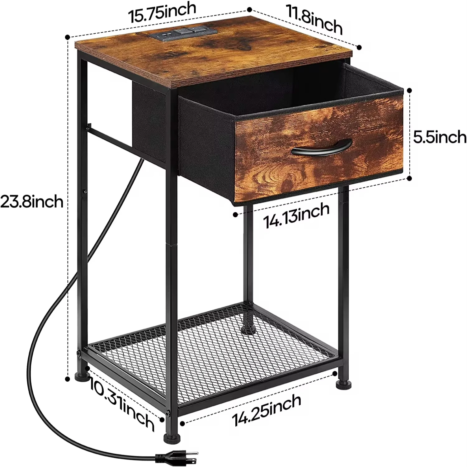 Nightstand End Table with Charging Station USB Ports Drawer  Shelf Brown