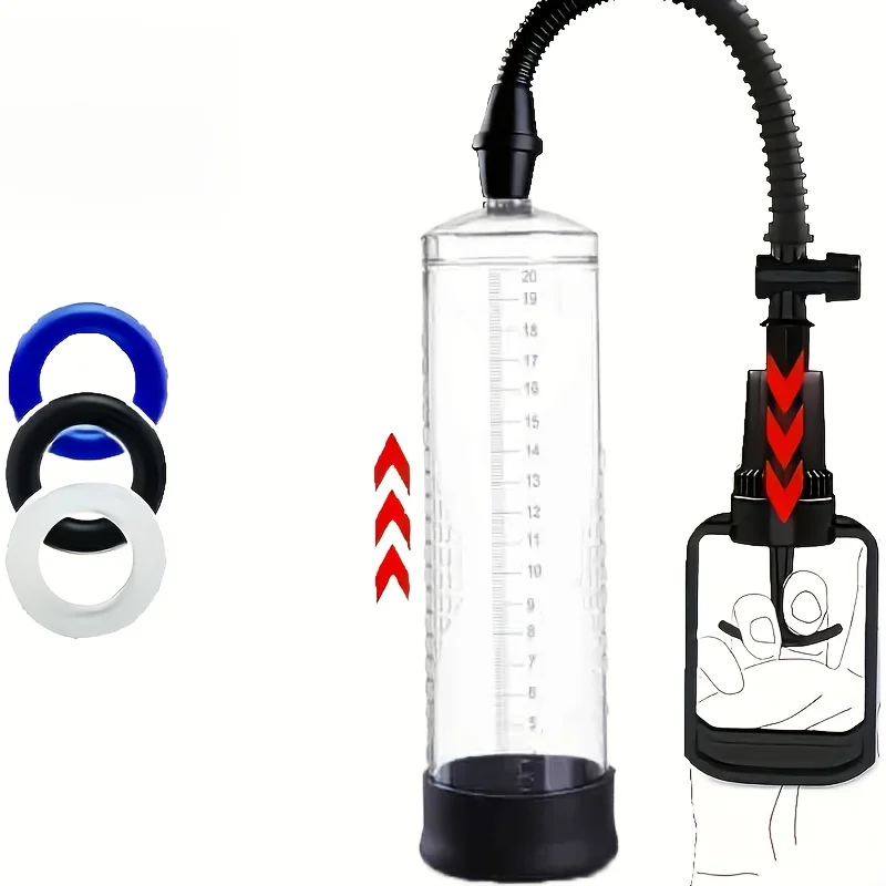 Male Vacuum Manual Penis Four-Piece Set with 3 Locking Essence Rings, Transparent Cylinder, and Black Hose, Durable Structure,