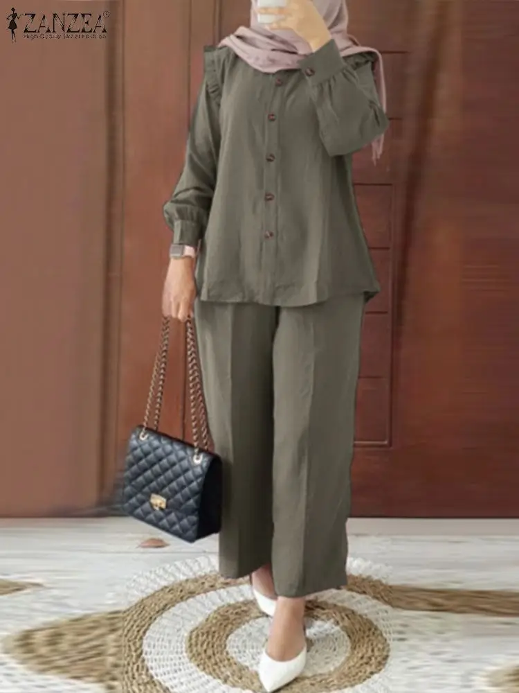 2PCS Vintage Long Sleeve Shirt Matching Sets Trousers Suits ZANZEA Fashion Muslim Pant Sets Dubai Turkey Abaya Loose Outifits