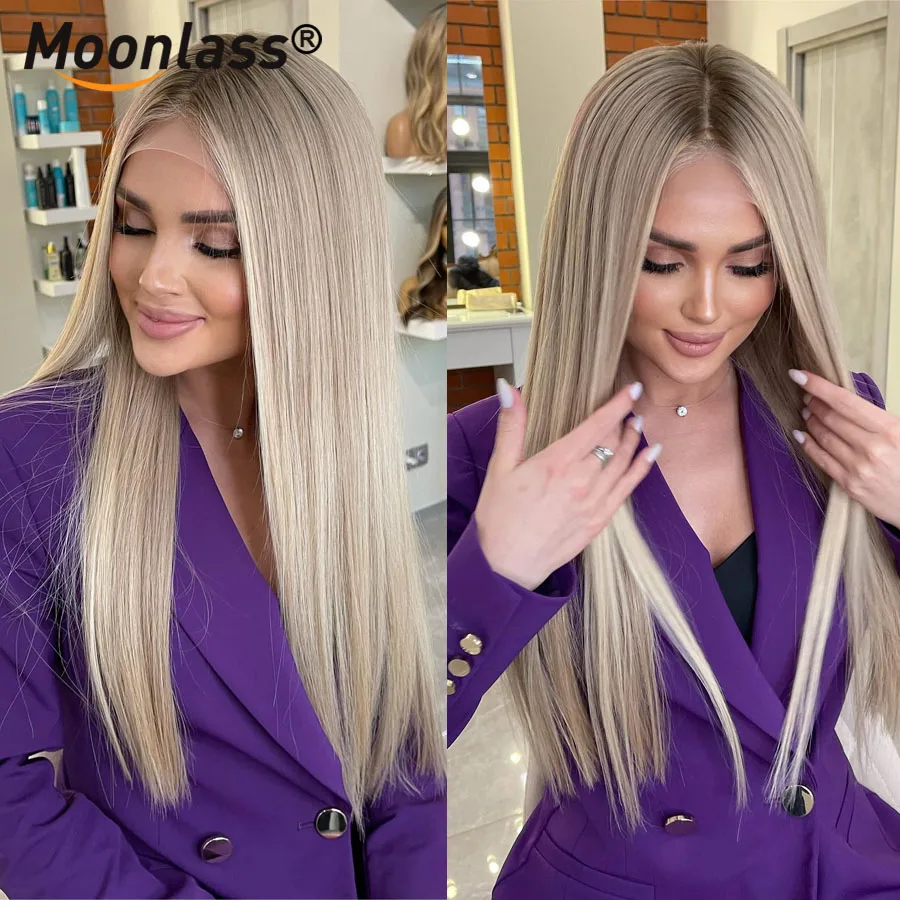 Human Hair Wigs Glueless Highlight Ash Blonde Straight 100% Human Hair 180 Density 13x6 Lace Front Preplucked Natural Remy