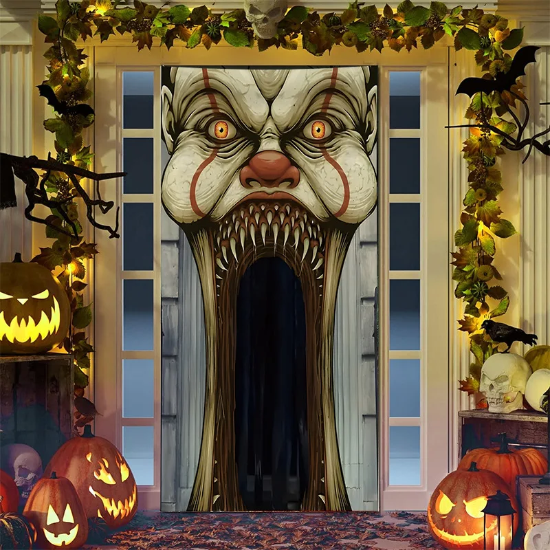 Halloween Stickers Door Wallpaper Stickers Halloween Door Cover Cartoon Anime Wizard Skeleton Frame Pumpkin Head Atmosphere Door Sticker Background Cloth