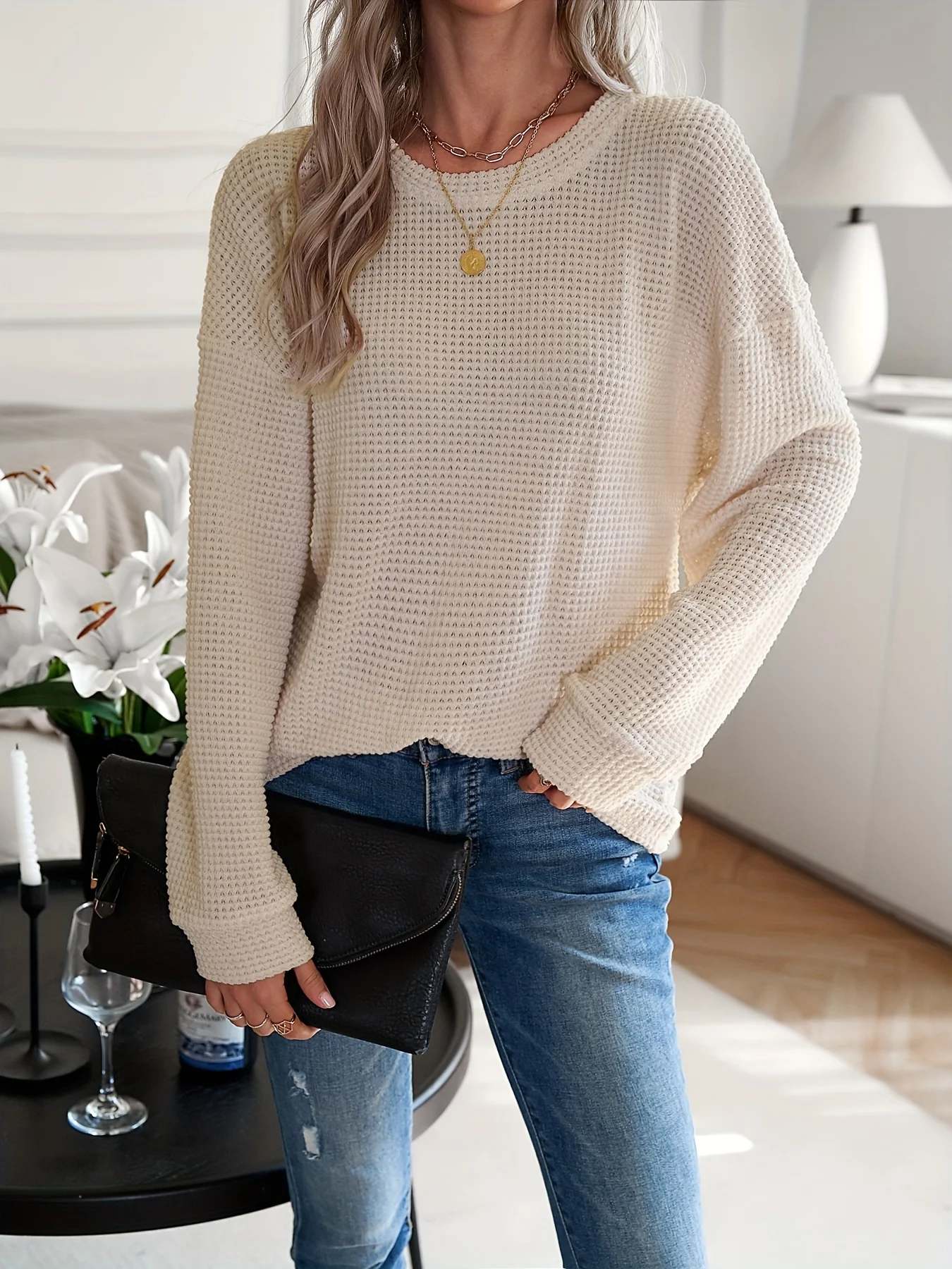 Myvesto Women Casual Pullovers Solid Color Pineapple Grain Crew-Neck Top Drop Shoulder Waffle Knit Hoodie