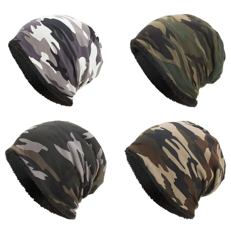 Men Women Winter Warm Cotton Baggy Beanie Hat Camouflage Print Thick Faux Fleece Lining Cold Weather Snow Ski Skull Cap 2