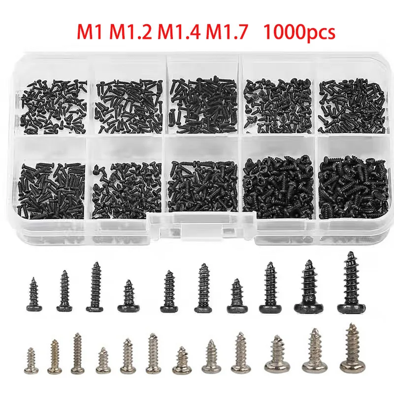 

1000pcs M1 M1.2 M1.4 M1.7 Black PA Phillips Round Micro Glasses Electronic Screws set Self-tapping Small Wood Screws Kit