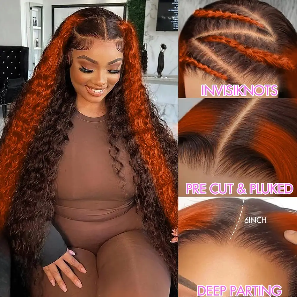 Orange Highlight Colored Deep Wave Lace Front Wigs Human Hair Pre Plucked 13x6 HD Lace Front Wigs Ginger Curly Human Hair Wig
