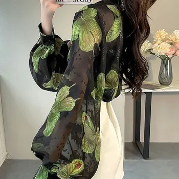 Elegant Women's Chiffon Blouse 2025 Butterfly Print Loose Fit Lantern Sleeve Floral Shirt Niche Design Sensibility