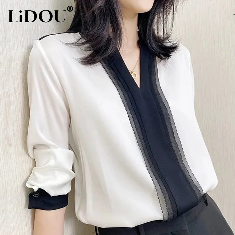 

Korean Temperament V-neck Silk Black White Patchwork Shirta Women Fashion Casual All-match Long Sleeve Office Lady Blouses