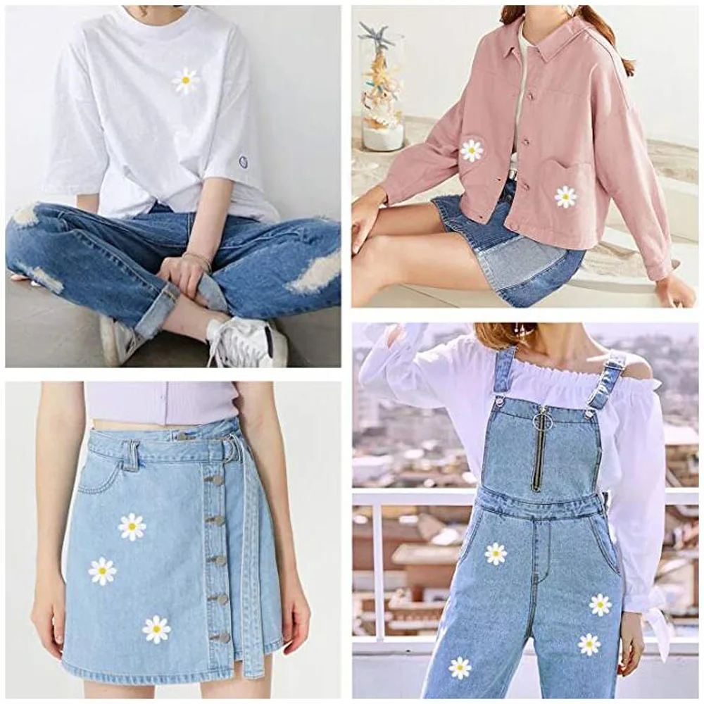 10개입 흰색 데이지 꽃 아이언 온 패치 의류 자수 가방 액세서리 아플리케 수선 패치