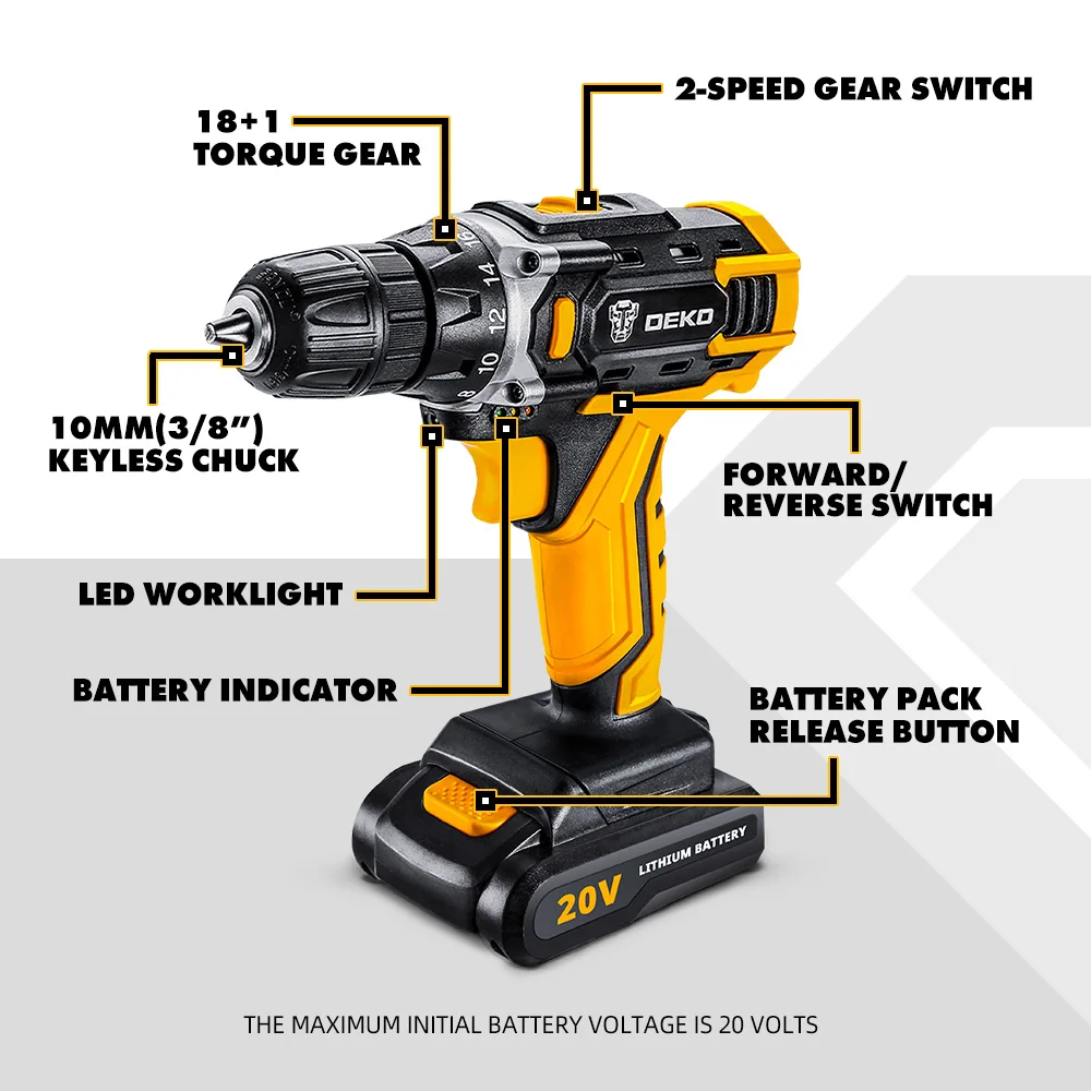 DEKO 20V Cordless Electric Drill DC Lithium-Ion Battery 3/8-Inch for Home DIY Mini Wireless Power Driver Woodworking Tools 2