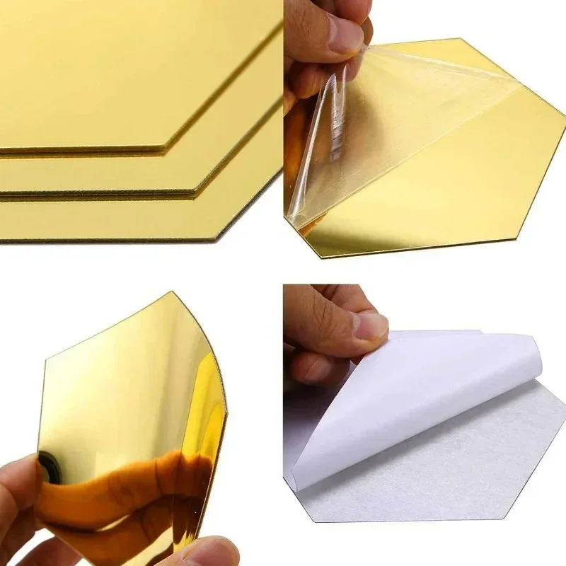 3D Mirror Wall Sticker Hexagon Acrylic Mirror Removable Self-adhesive Gold Silver Solid Paster 100/1x For Room Decor
