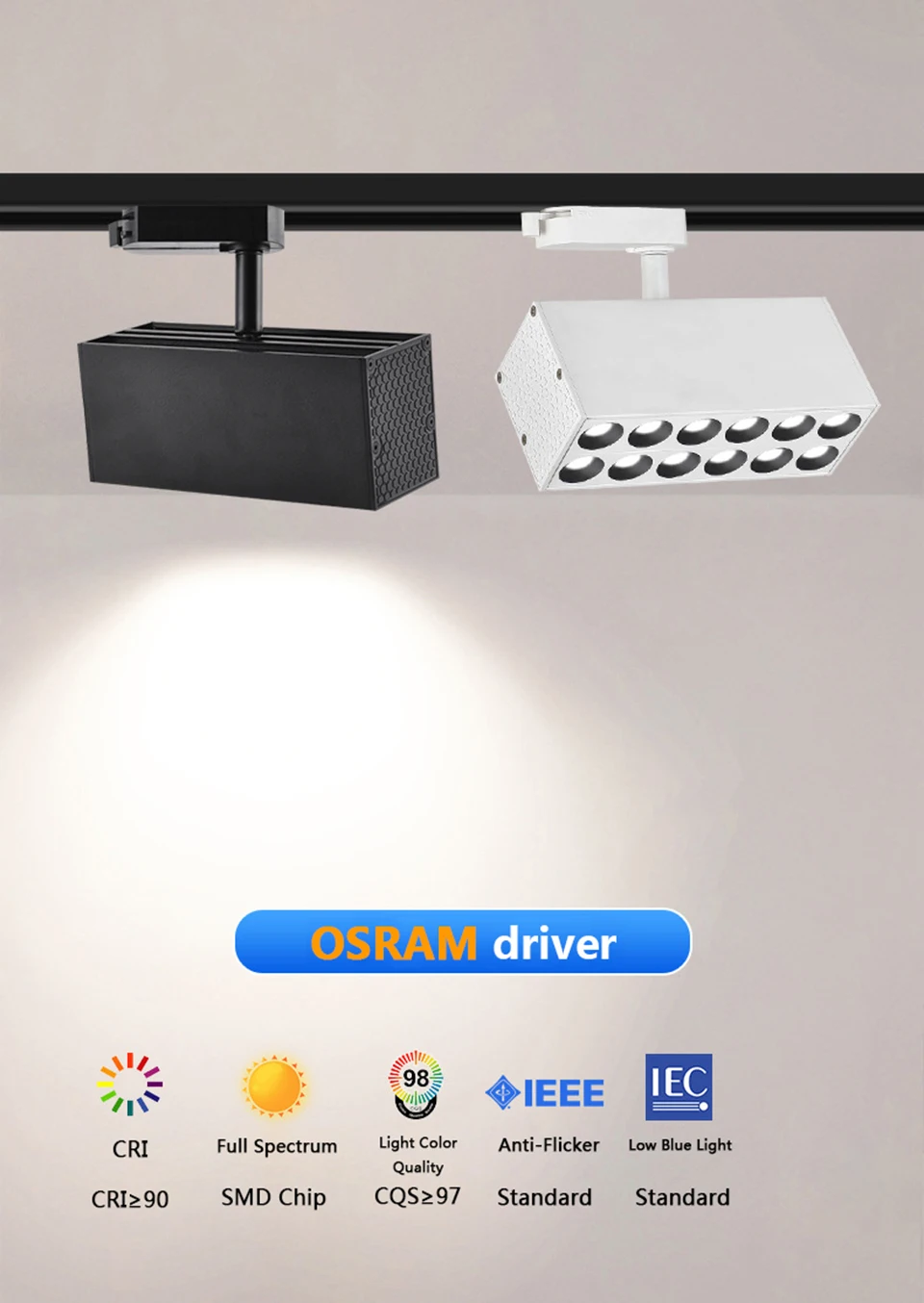 Description Picture 4 of itemGood Quality Spotlight led Track Light 12W 24W Track Lighting Fixtures 2 Wires 3 Wires 4 Wires Rail Lamp Spot Light Grille Flood